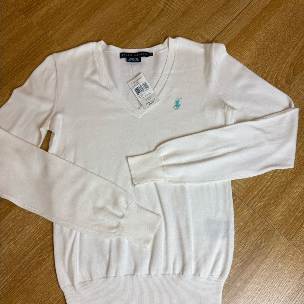 Polo by Ralph Lauren White V-Neck Sweater with Mint Pony